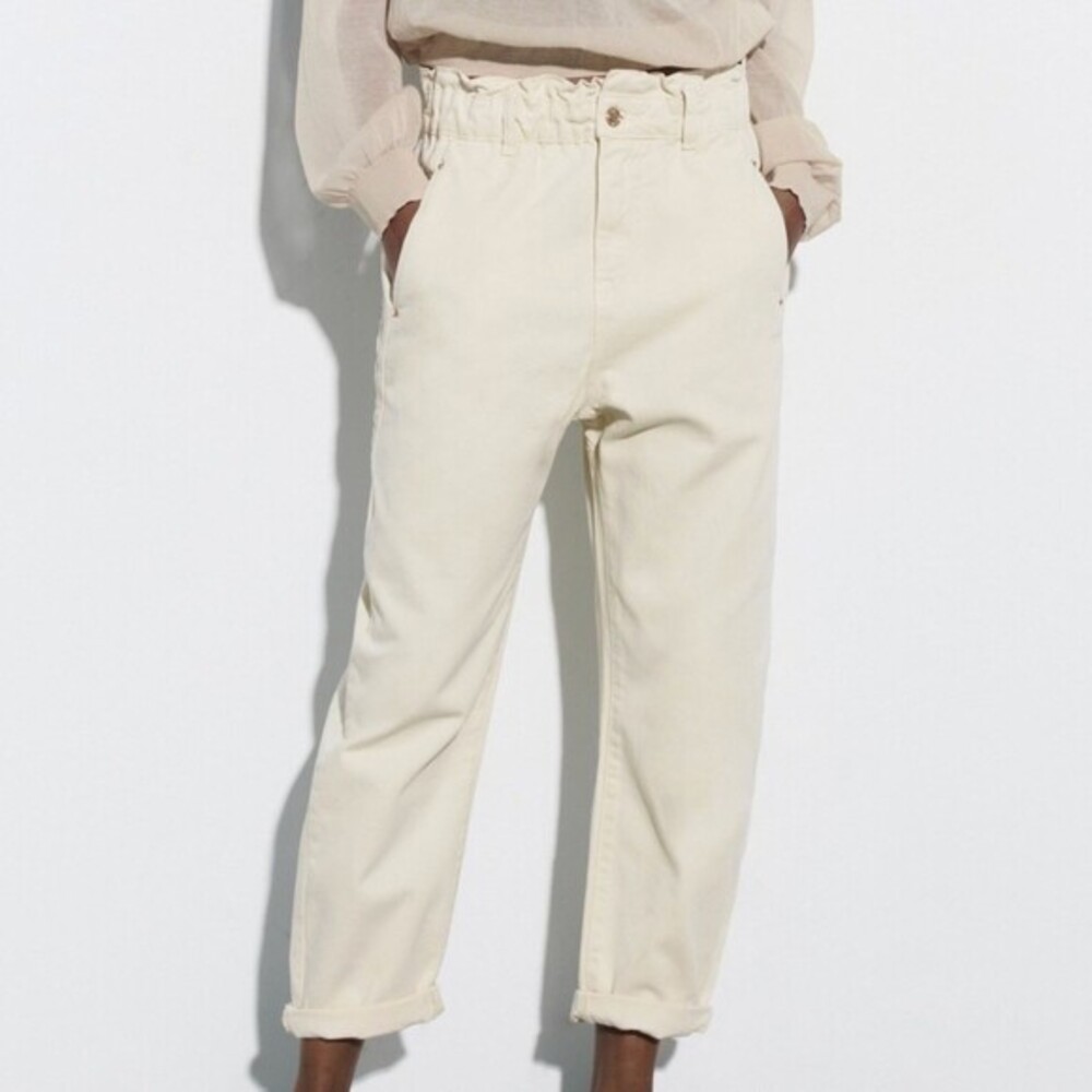 Zara Paperbag Tapered Jeans 4 Cream Cottagecore High Rise Slouchy Ecru Denim